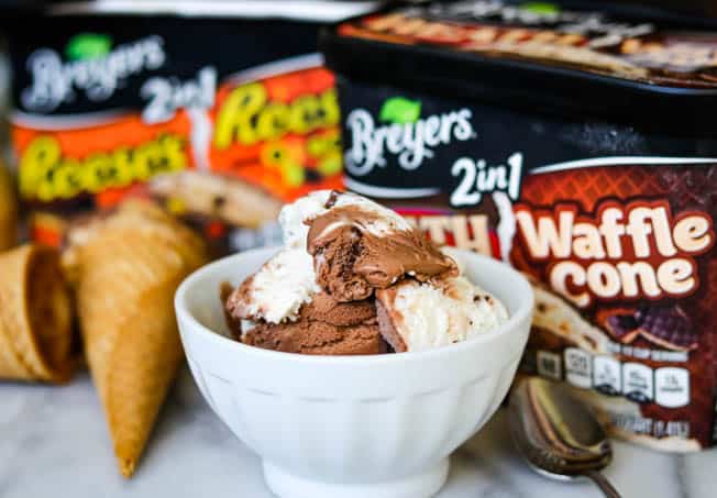 Bowl of Breyer's 2 in 1 Heath and Waffle Cone ice cream.