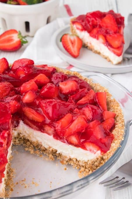 Pretzel crust, cheesecake and gelatin glazed strawberries make this fun summer pie.