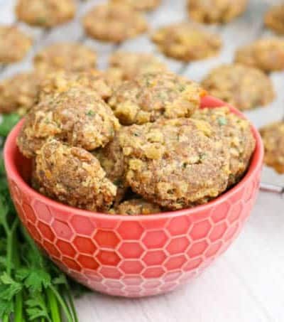 A bowl and rack of DIY Chicken and Cheese Dog Treats.