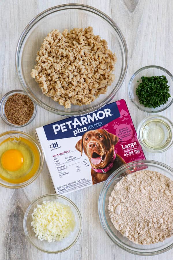 Ingredients for Chicken and Cheese Dog Treats and PetArmor Plus.