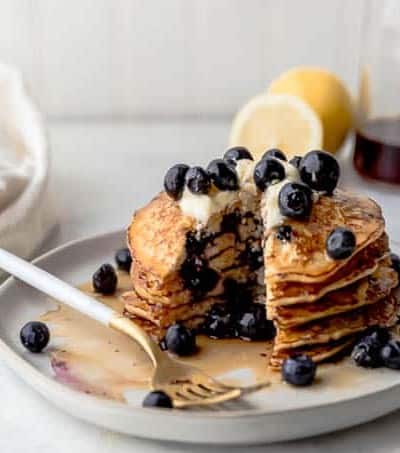 Breakfast is better with these Lemon Blueberry Cottage Cheese Pancakes.
