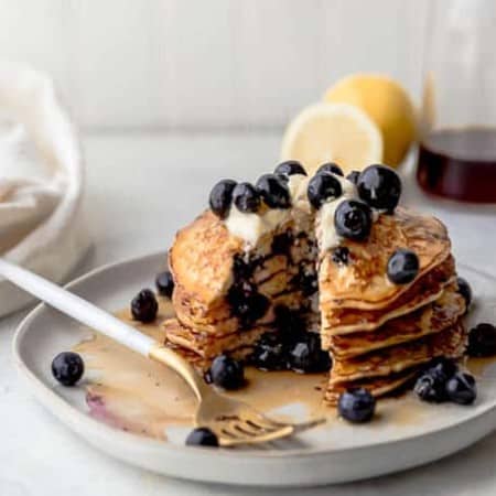Breakfast is better with these Lemon Blueberry Cottage Cheese Pancakes.