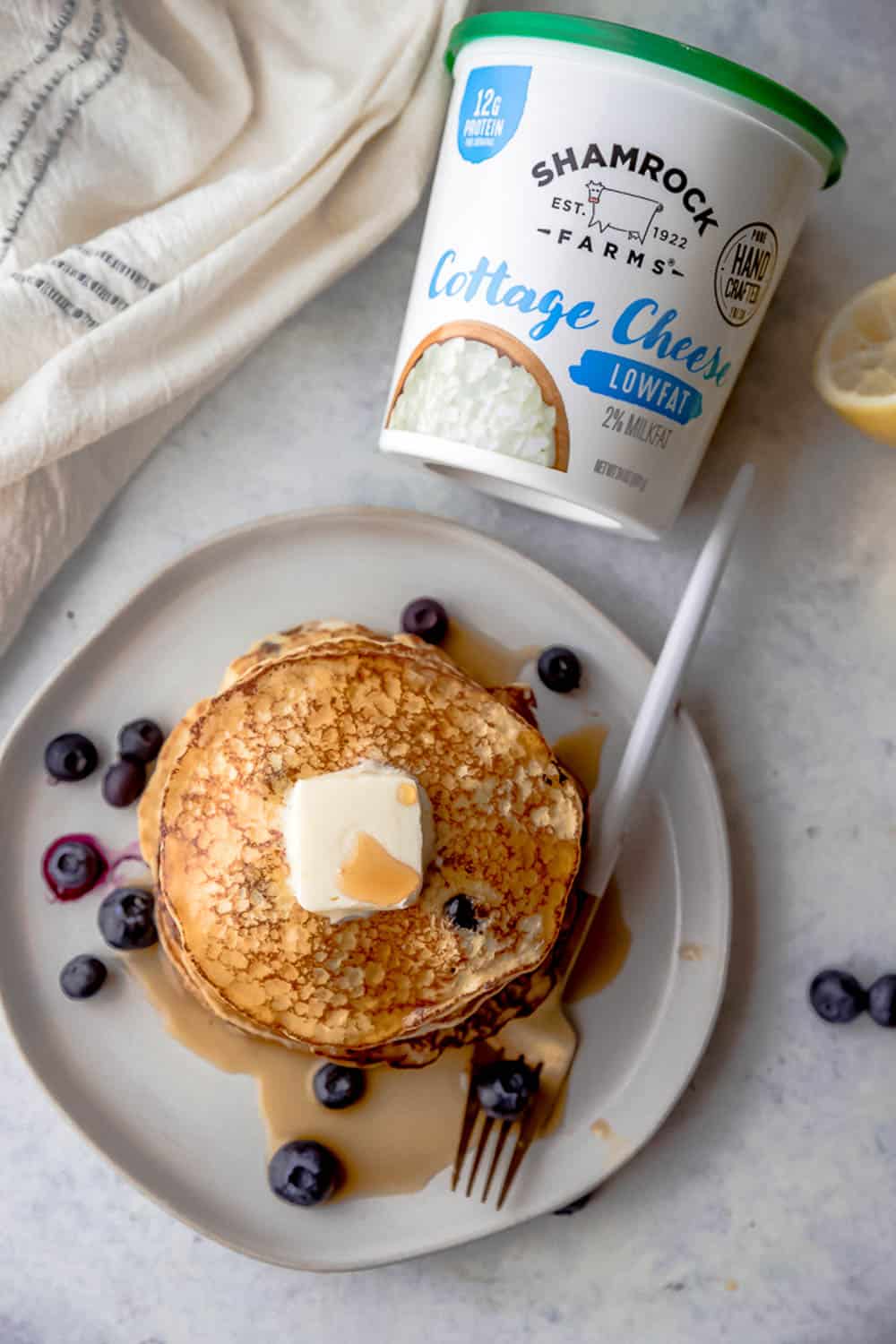 Lemon Blueberry Cottage Cheese Pancakes with Shamrock Farms Low Fat Cottage Cheese.