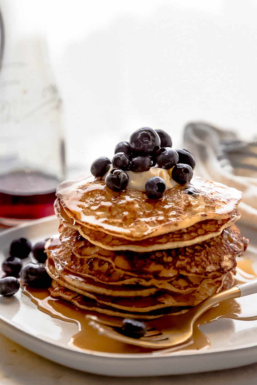 Close up of Lemon Blueberry Cottage Cheese Pancakes.