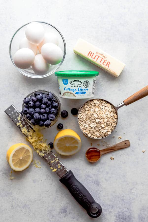 Ingredients for Lemon Blueberry Cottage Cheese Pancakes.