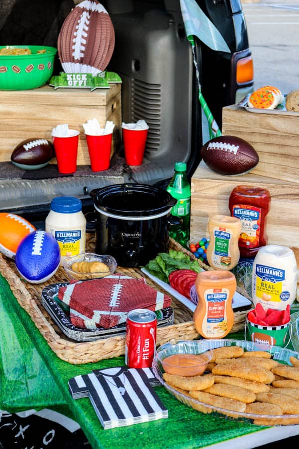 Tailgate set up with Slow Cooker Buffalo Chicken Dip.