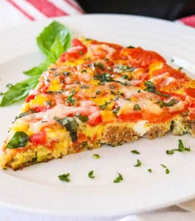 Slice of Meat Lover's Pizza Frittata on a plate.