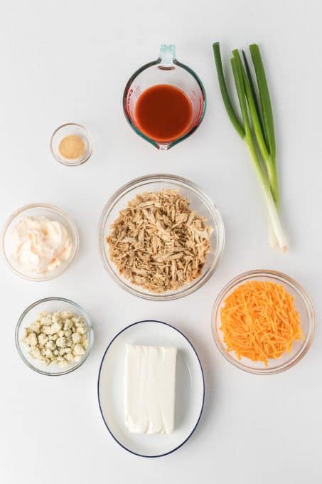 Slow Cooker Buffalo Chicken Dip ingredients.