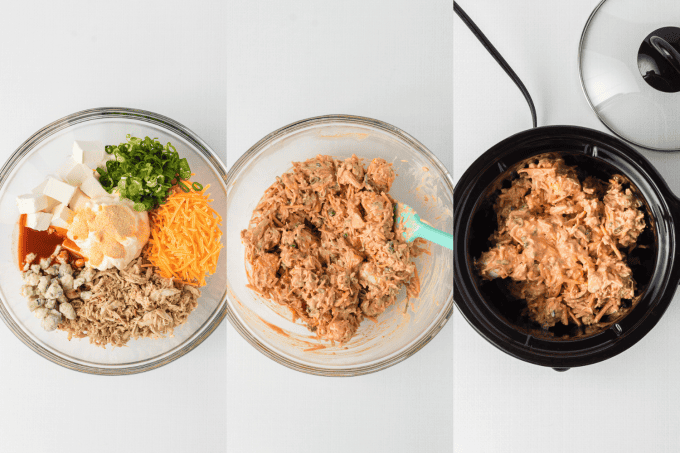 Slow Cooker Buffalo Chicken Dip process photos.