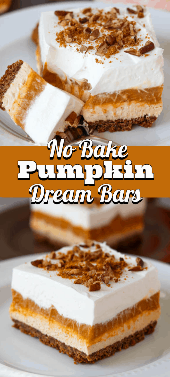 These No Bake Pumpkin Dream Bars will be your new go-to Thanksgiving dessert. It's an easy layered dessert recipe with the flavors of Fall everyone loves. These No Bake Pumpkin Dream Bars will be your new go-to Thanksgiving dessert. It's an easy layered dessert recipe with the flavors of Fall everyone loves.