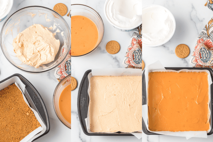 Process shots for no bake bars made with pumpkin.