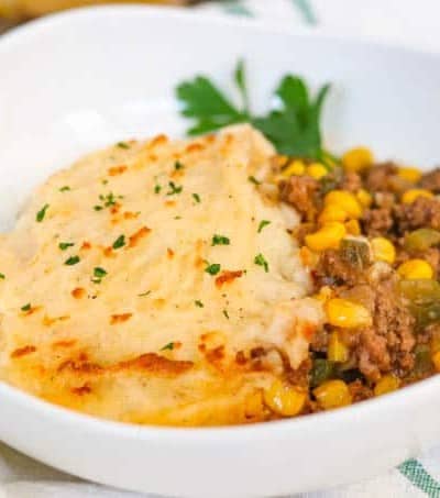 A bowl of Easy Shepherd's Pie Recipe.