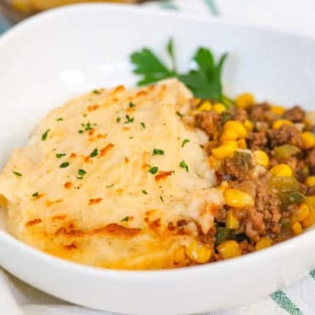 A bowl of Easy Shepherd's Pie Recipe.