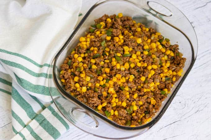 The beef and corn layer of an Easy Shepherd's Pie Recipe.