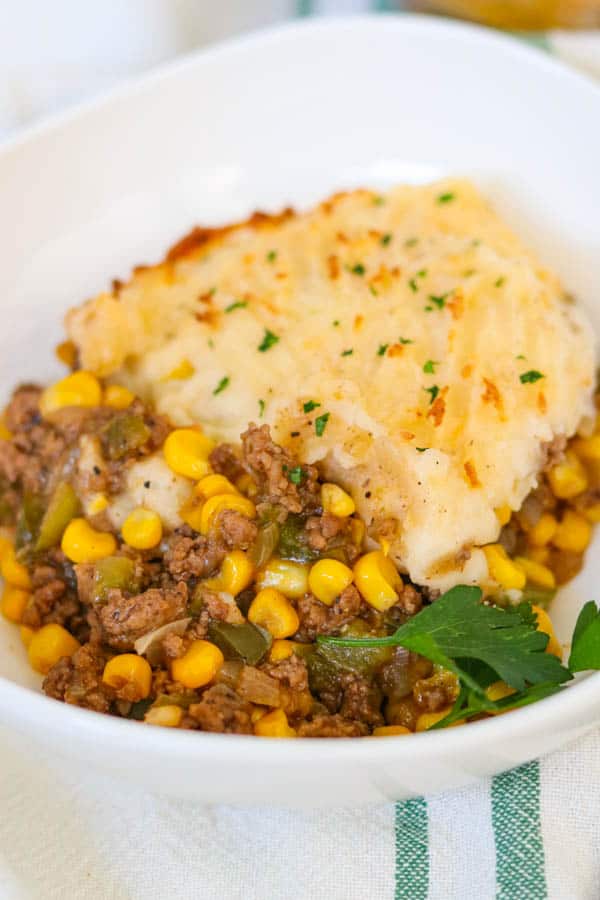 A bowlful of an Easy Shepherd's Pie Recipe.