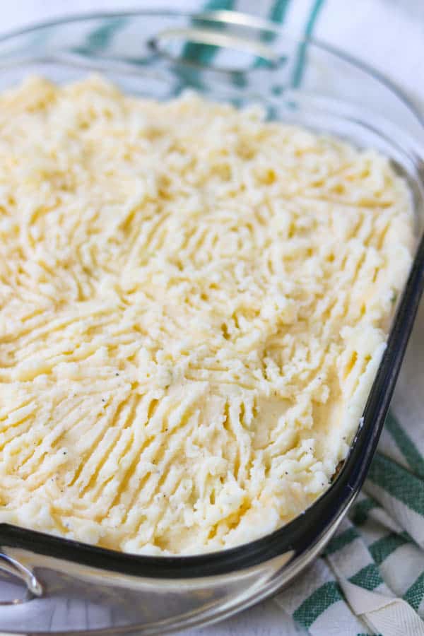 Mashed potatoes on top of this Easy Shepherd's Pie Recipe.
