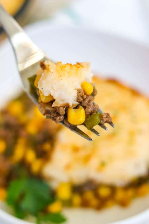 A forkful of Easy Shepherd's Pie Recipe.