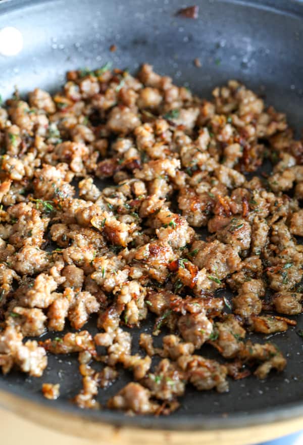 Cooked pork sausage for Cheesy Sausage Stuffed Mushrooms.