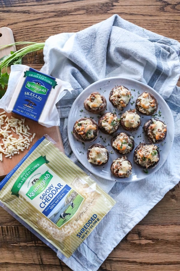 Cheesy Sausage Stuffed Mushrooms with Kerrygold Skellig and Shredded Savory Cheddar Cheeses