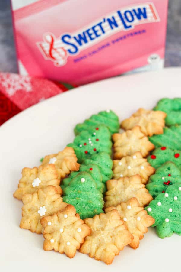 Baking with Sweet'N Low®. Spritz Cookies on a plate with a Sweet'N Low® box.