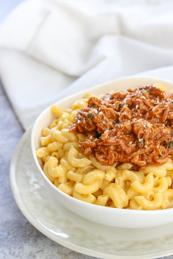 A hearty bowl of BBQ Pork Mac & Cheese.