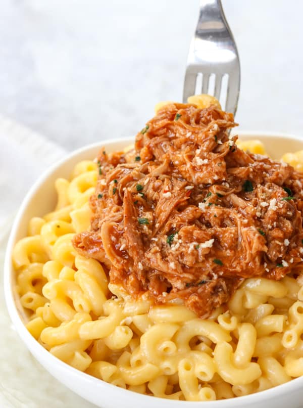 A forkful of BBQ Pork Mac & Cheese.