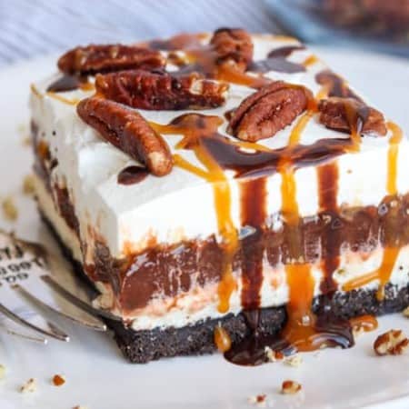 No Bake Turtle Dream Bars on a plate.