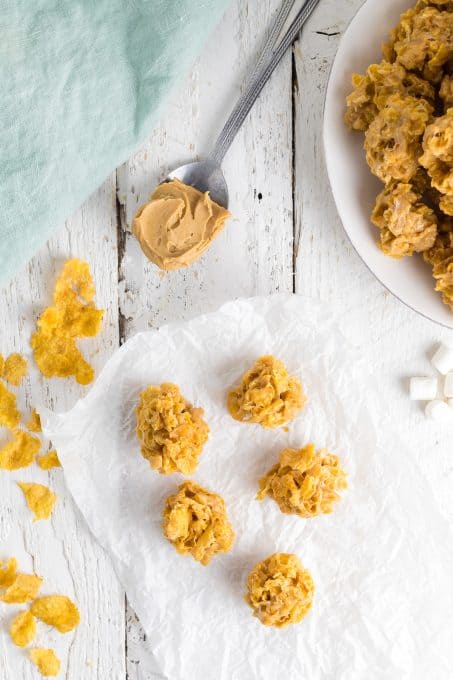 No Bake cookies made with marshmallows, cornflakes and peanut butter.