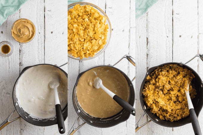 Process photos for No Bake Peanut Butter Cornflake Cookies.