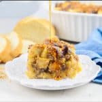 Syrup drizzled on Peanut Butter and Jelly French Toast Casserole.