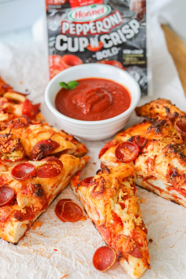 Marinara and pepperoni bread twist slices.