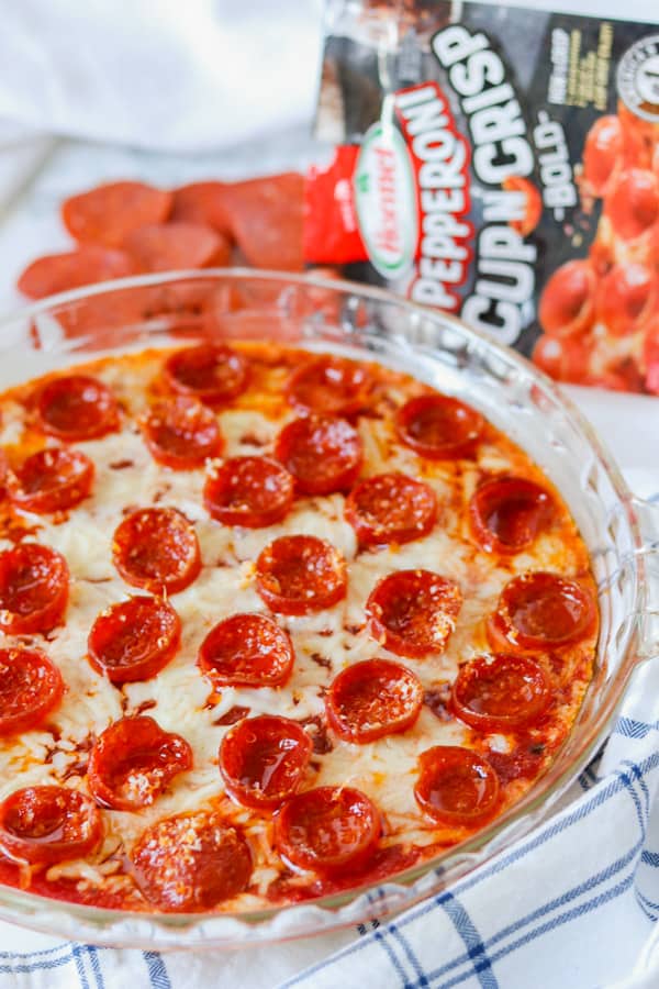 Pepperoni Pizza Dip in a pie plate.