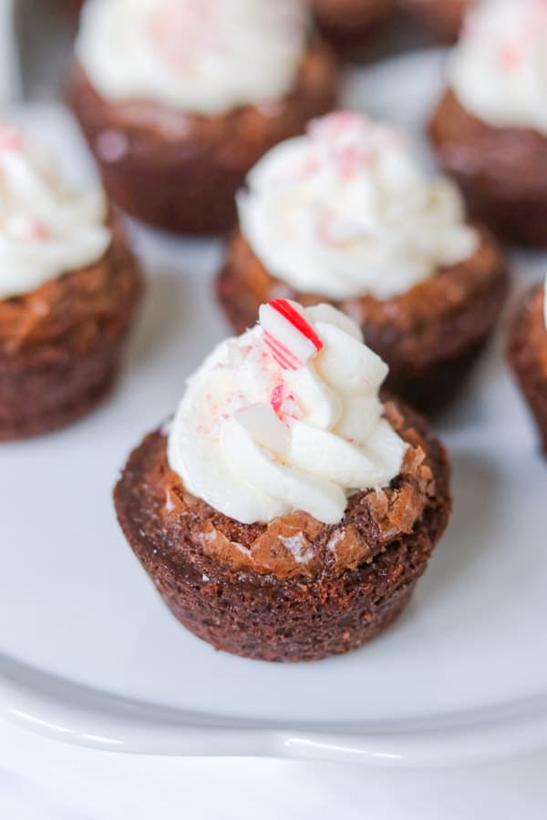 A brownie bite with crushed candy cane on top.
