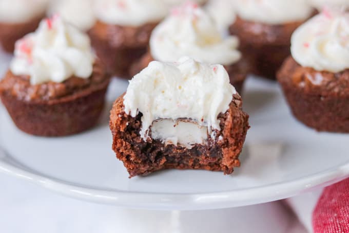 A plate of frosted peppermint brownie bites.