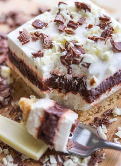 A bite of Irish Cream Dream Bars on a fork.