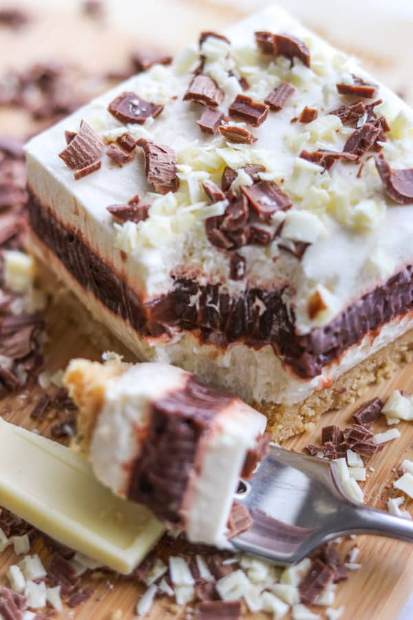 A bite of Irish Cream Dream Bars on a fork.