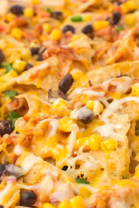 Chicken and Cheese Nachos with lots of toppings.