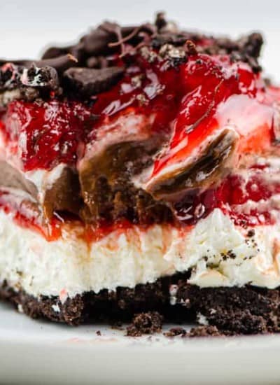 Layers of chocolate and strawberries in a no bake dessert.