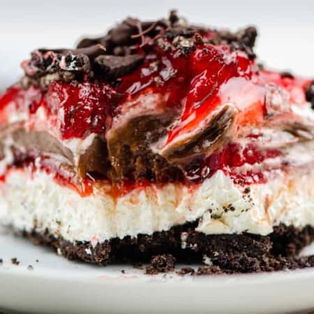 Layers of chocolate and strawberries in a no bake dessert.