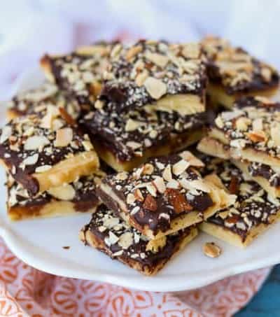 Toffee covered in chocolate and almonds.