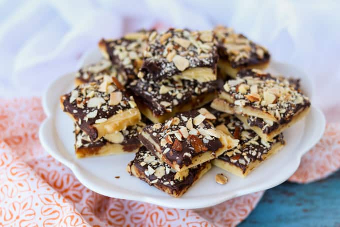 Toffee covered in chocolate and almonds.