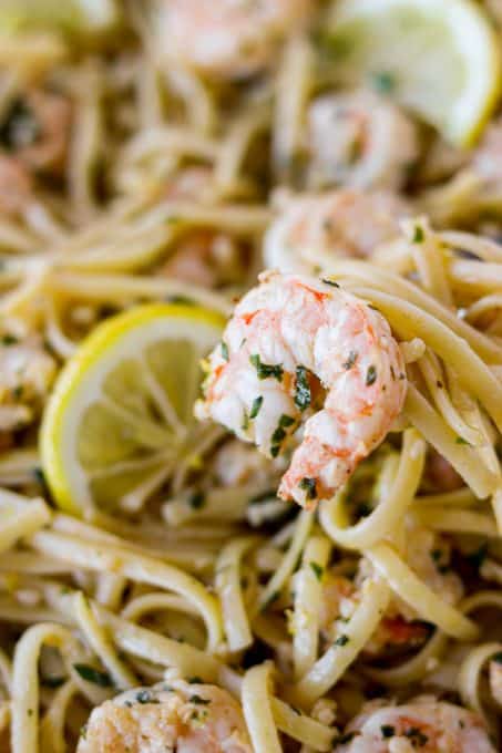 Pasta with lemon, garlic, and shrimp.
