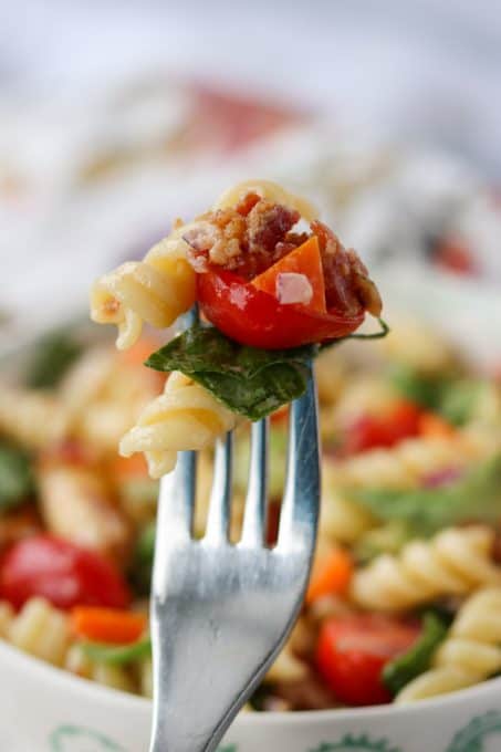 Ranch BLT Pasta Salad on a fork.