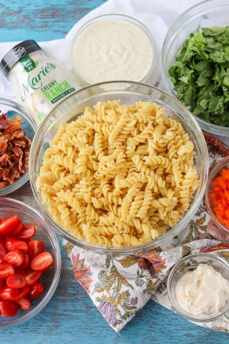 Ingredients for a Ranch Pasta Salad.