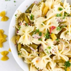 Pasta salad with tuna, 4-bean salad, red onion, and parsely.