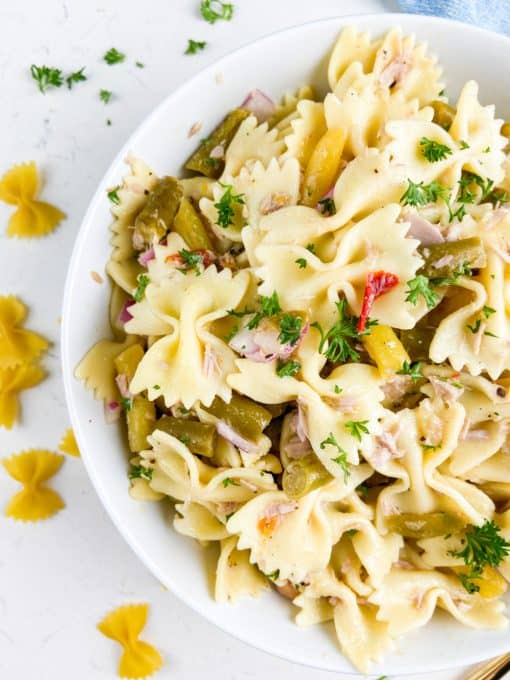 Pasta salad with tuna, 4-bean salad, red onion, and parsely.