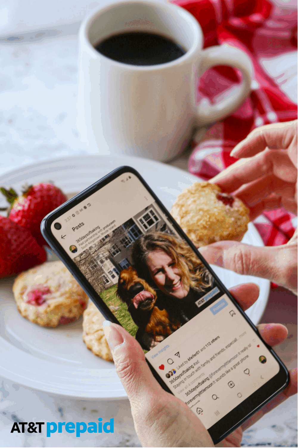 Enjoying scones while browsing Instagram with my AT&T PREPAID phone.