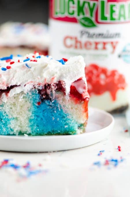 Red, white, and blue cake with Cherry Fruit Filling.