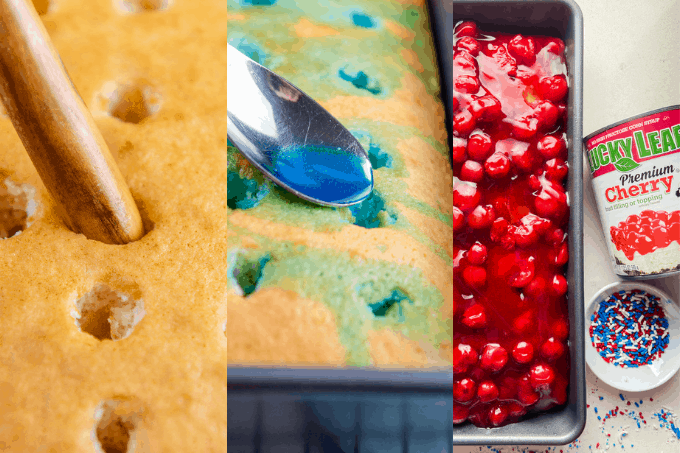 The process of making a Patriotic Poke Cake.