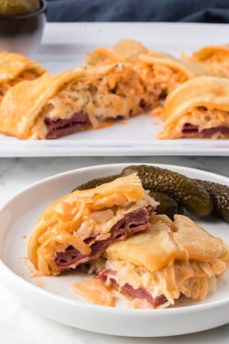 Corned Beef, sauerkraut, Swiss Cheese and Thousand Island dressing wrapped in a puff pastry.